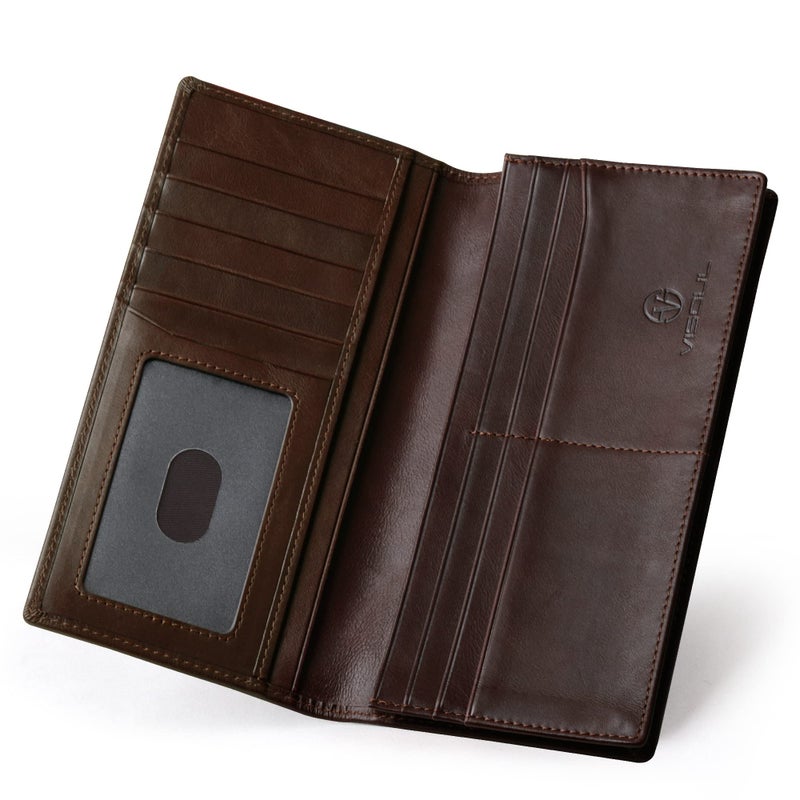 VISOUL Leather Checkbook Cover Wallet for Men with RFID Blocking, Mens Long Bifold Cash Tall Wallet with 11 Credit Card Slots 1 ID Window (Coffee) - Image 2